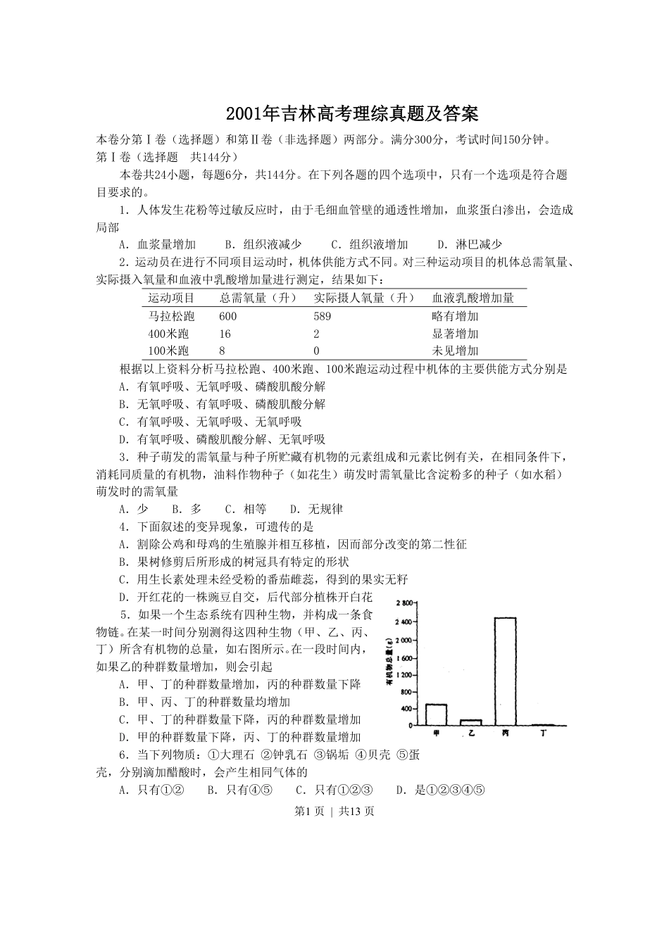 2001年吉林高考理综真题及答案.pdf_第1页