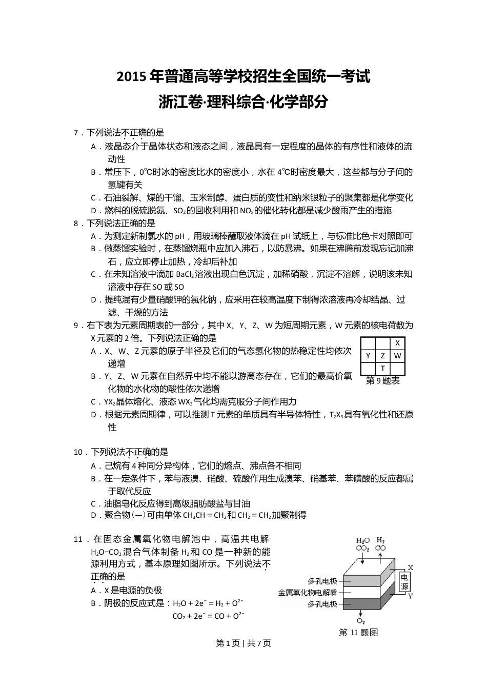 2015年高考化学试卷（浙江）（6月）（空白卷）.doc_第1页