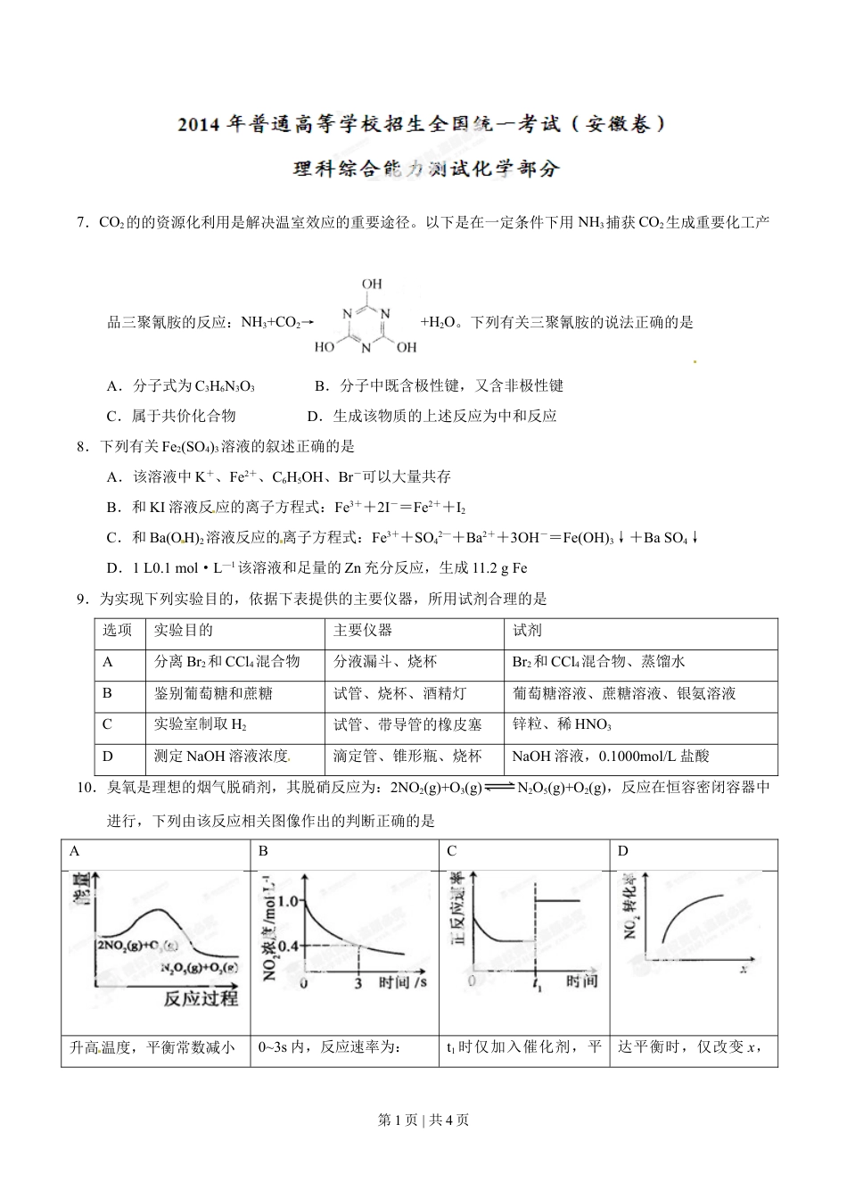 2014年高考化学试卷（安徽）（空白卷）.doc_第1页
