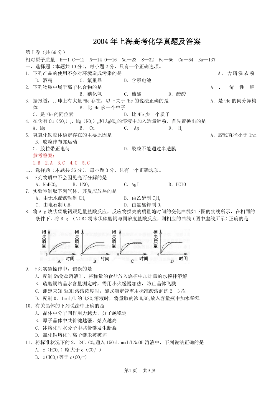 2004年上海高考化学真题及答案.pdf_第1页