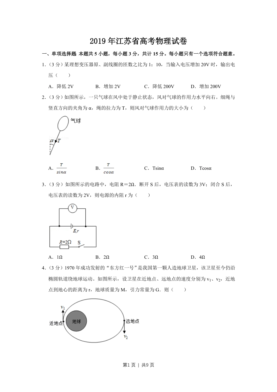 2019年高考物理试卷（江苏）（空白卷）.pdf_第1页