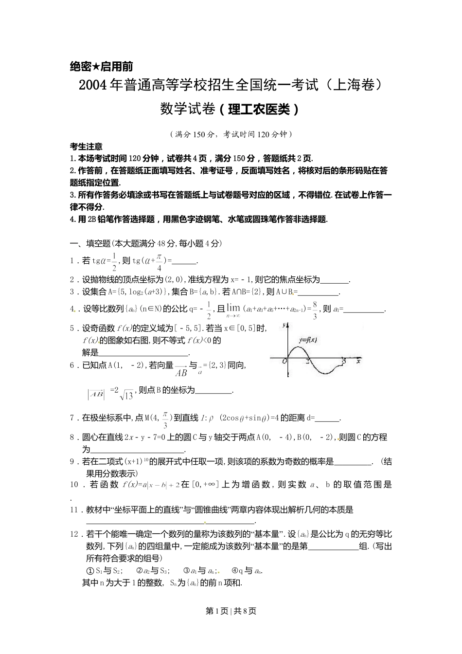 2004年上海高考数学试卷（理）（自主命题）（空白卷）.doc_第1页