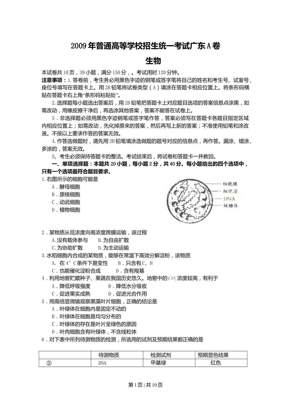2009年高考生物试卷（广东）（空白卷）.doc_第1页
