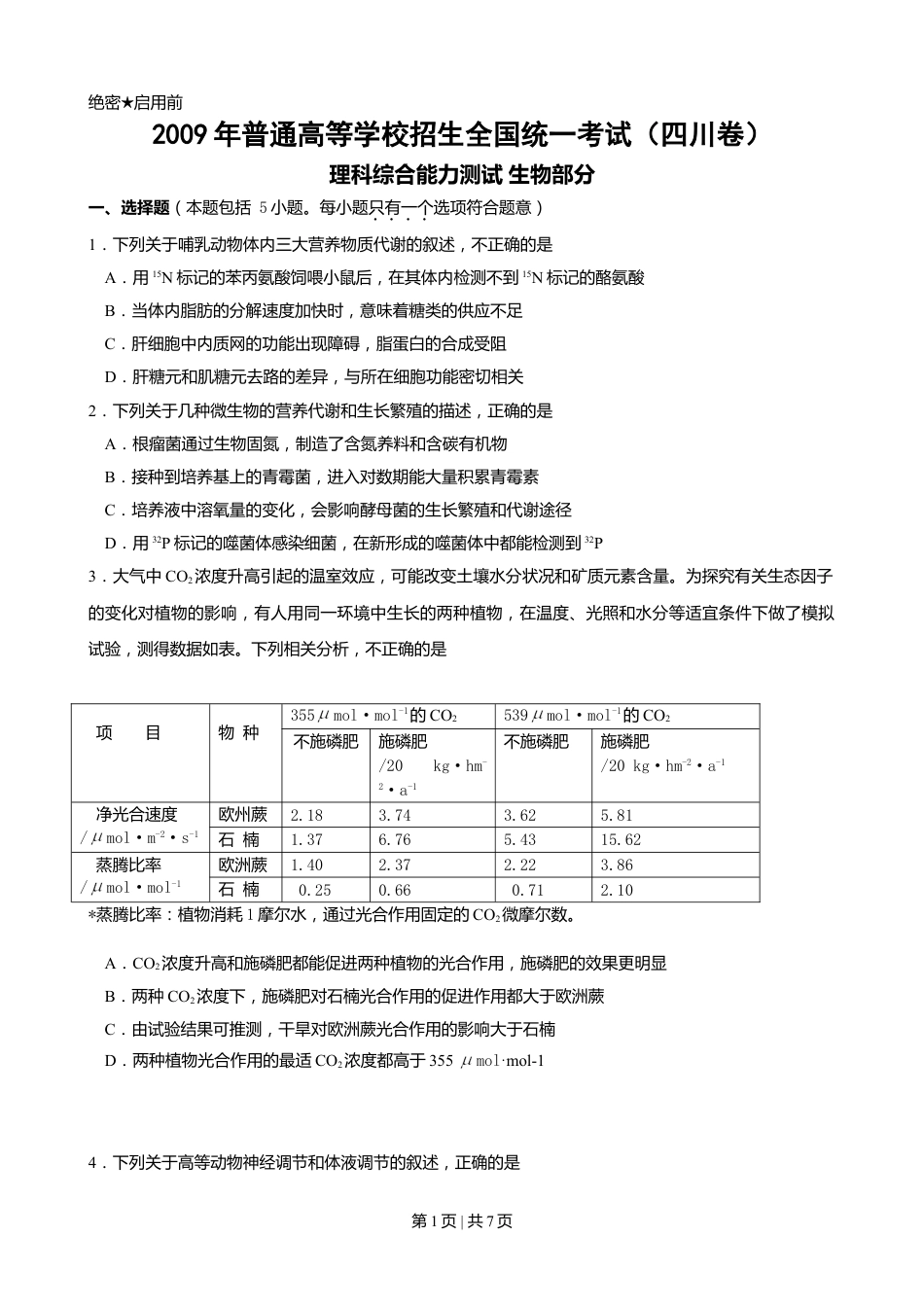 2009年高考生物试卷（四川）（解析卷）.doc_第1页