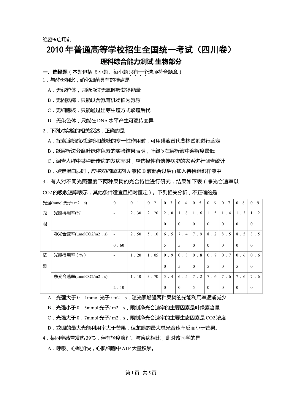 2010年高考生物试卷（四川）（空白卷）.doc_第1页
