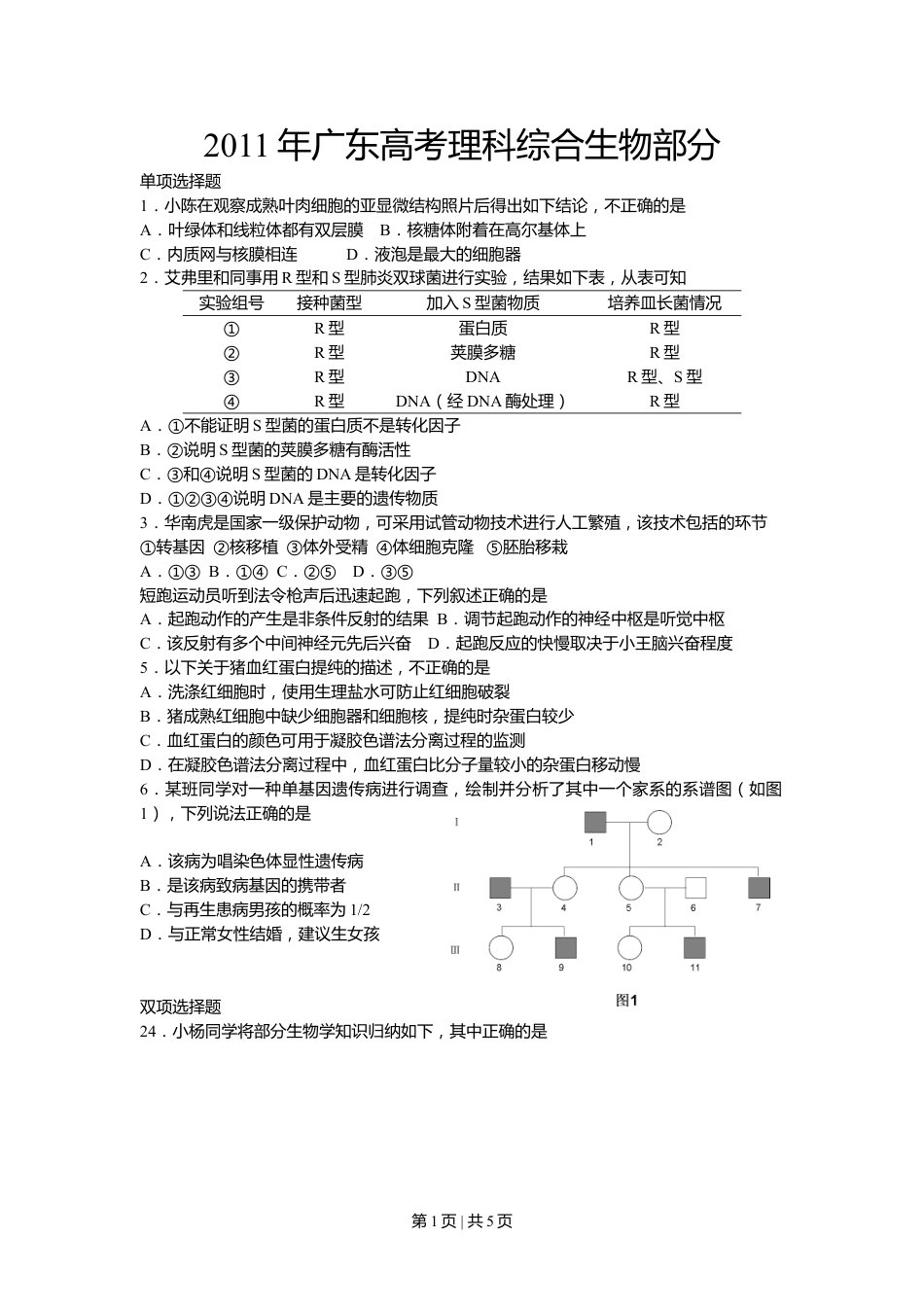 2011年高考生物试卷（广东）（空白卷）.doc_第1页