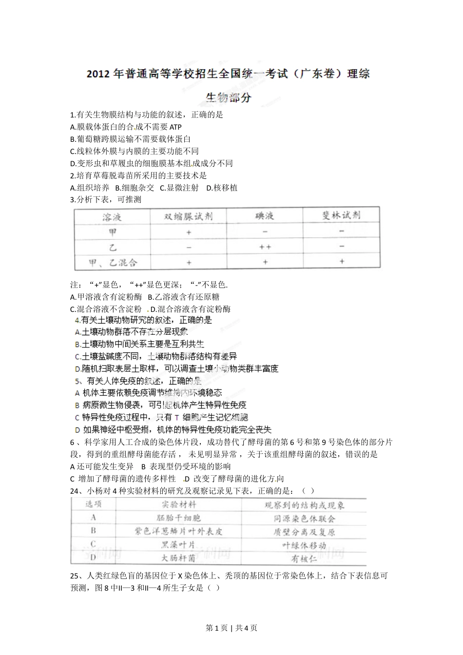 2012年高考生物试卷（广东）（空白卷）.doc_第1页