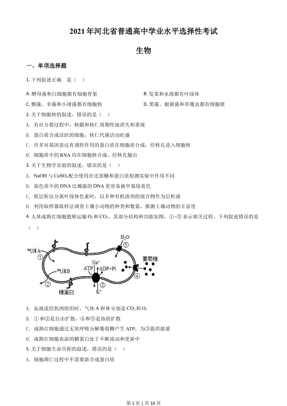 2021年高考生物试卷（河北）（空白卷）.doc_第1页