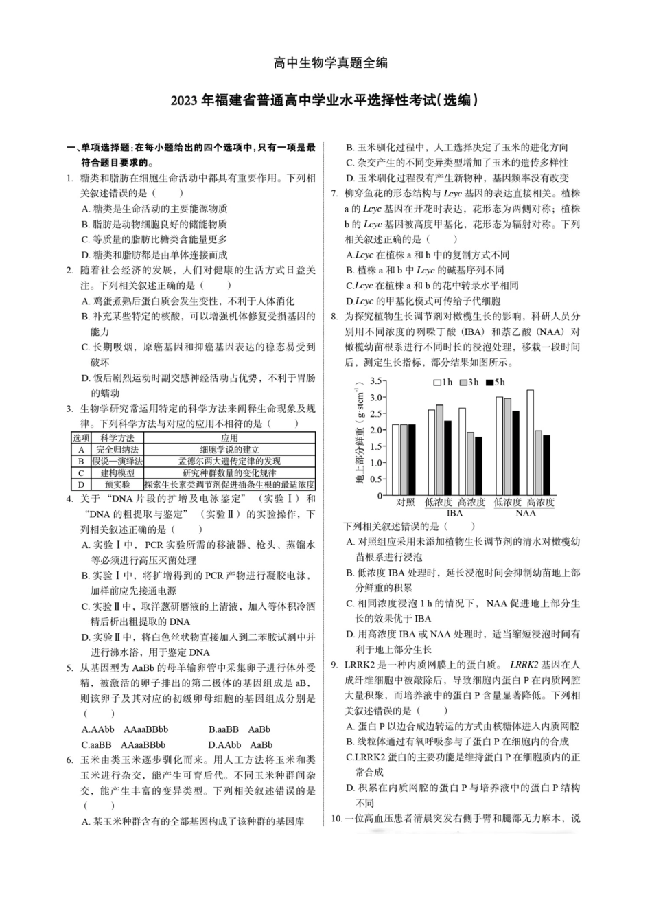 2023年高考生物试卷（福建）（空白卷）.docx_第1页