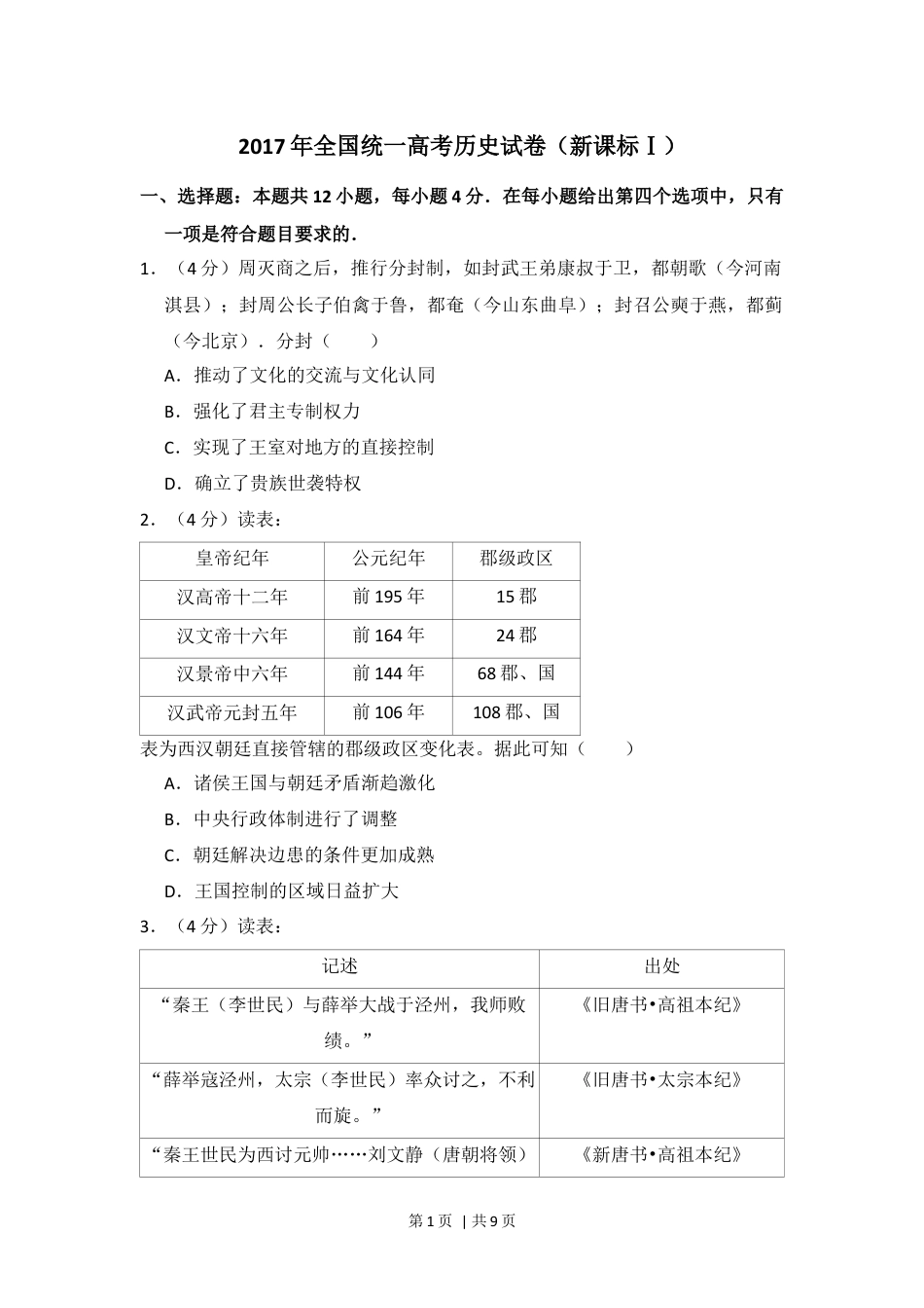 2017年高考历史试卷（新课标Ⅰ）（空白卷）.docx_第1页