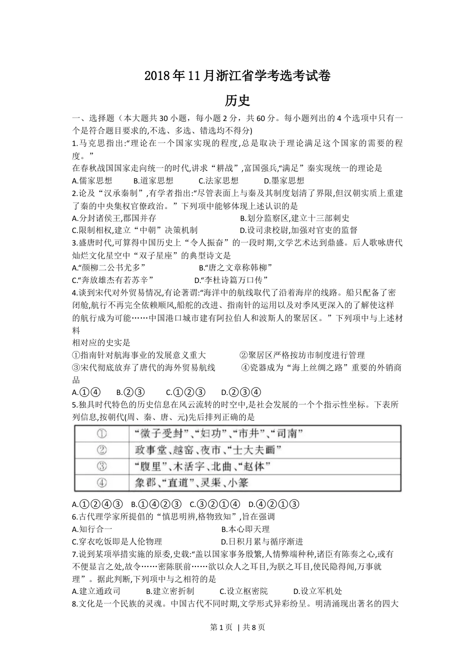 2018年高考历史试卷（浙江）（11月）（空白卷）.docx_第1页