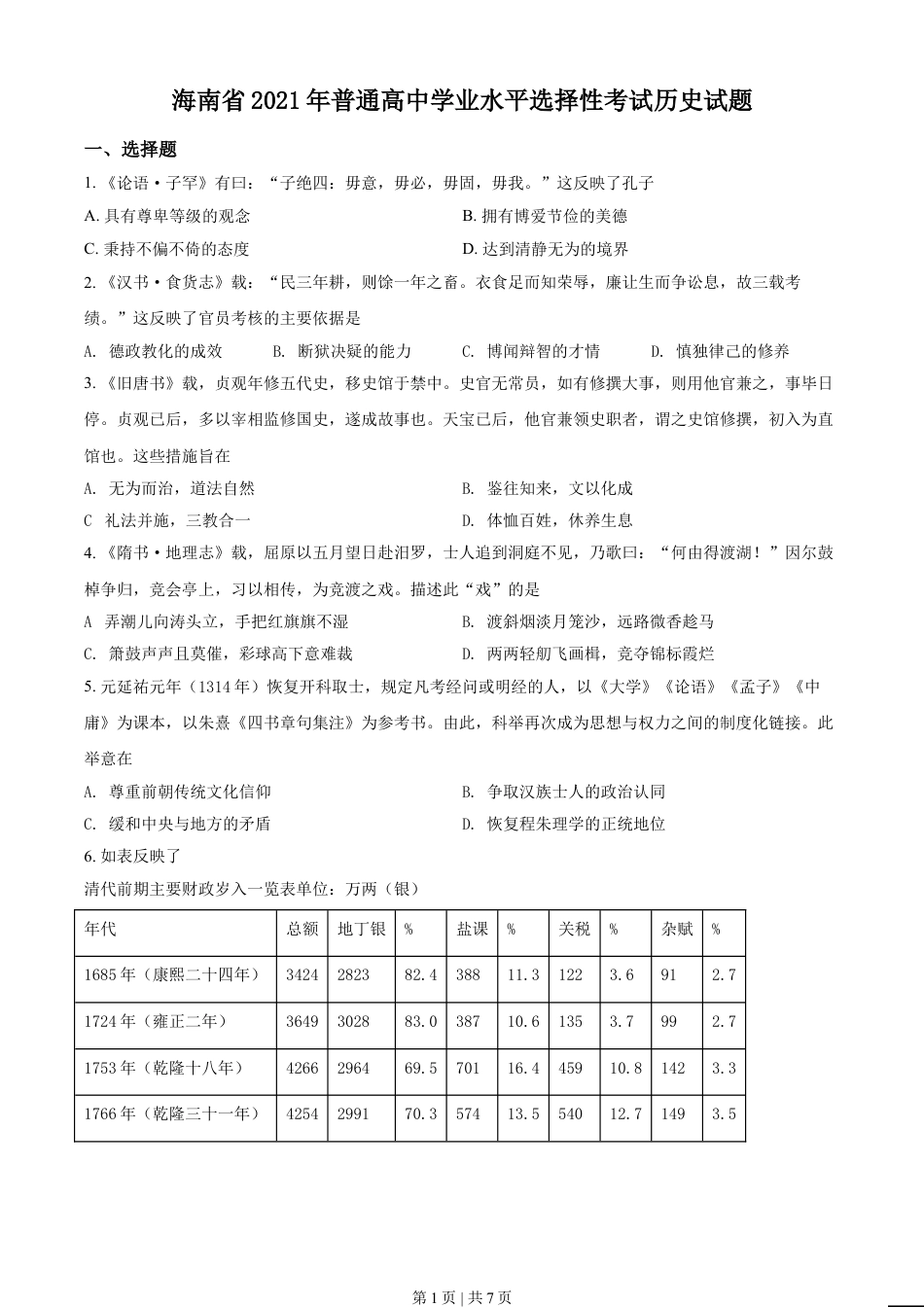 2021年高考历史试卷（海南）（空白卷）.doc_第1页