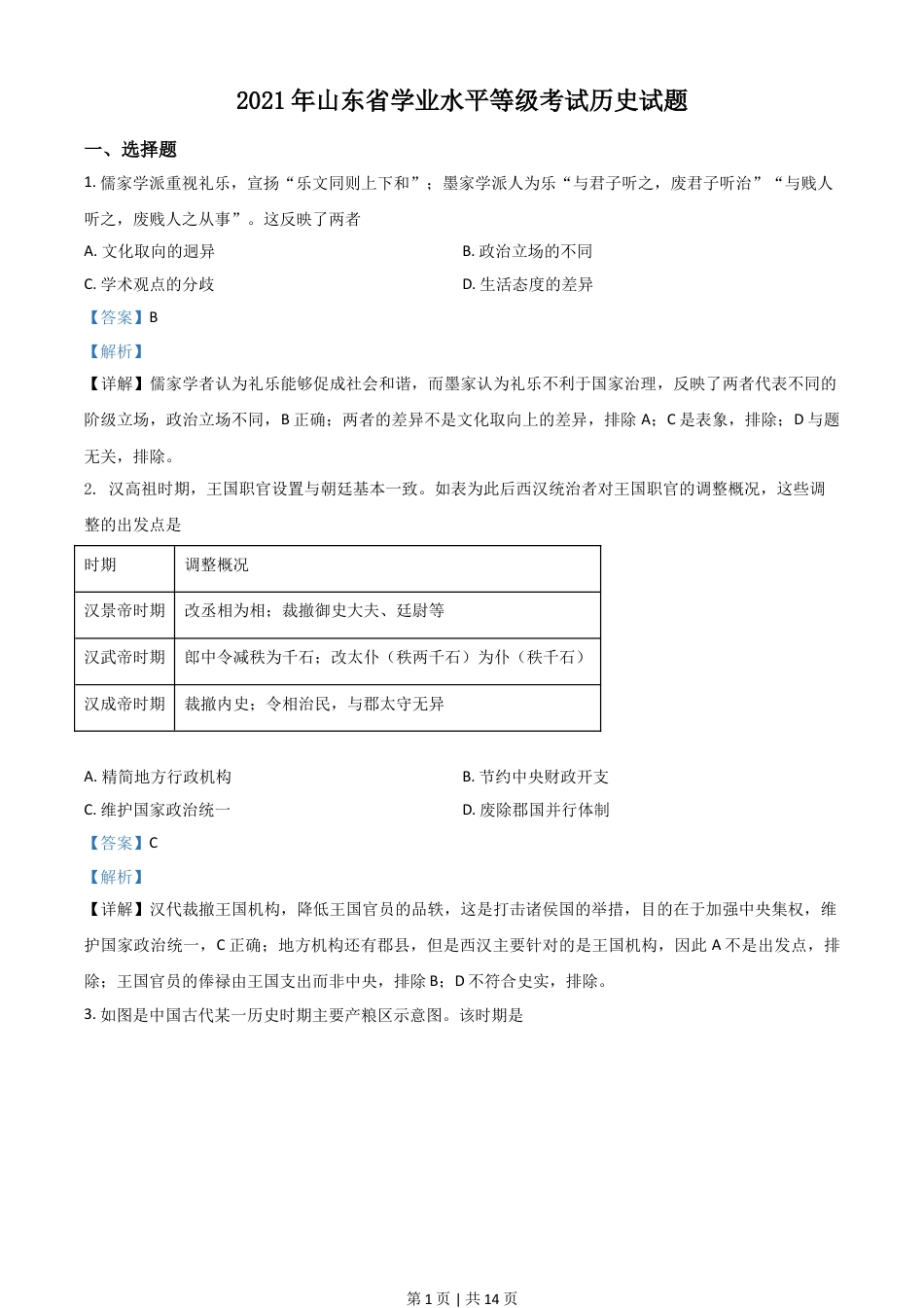 2021年高考历史试卷（山东）（解析卷）.doc_第1页
