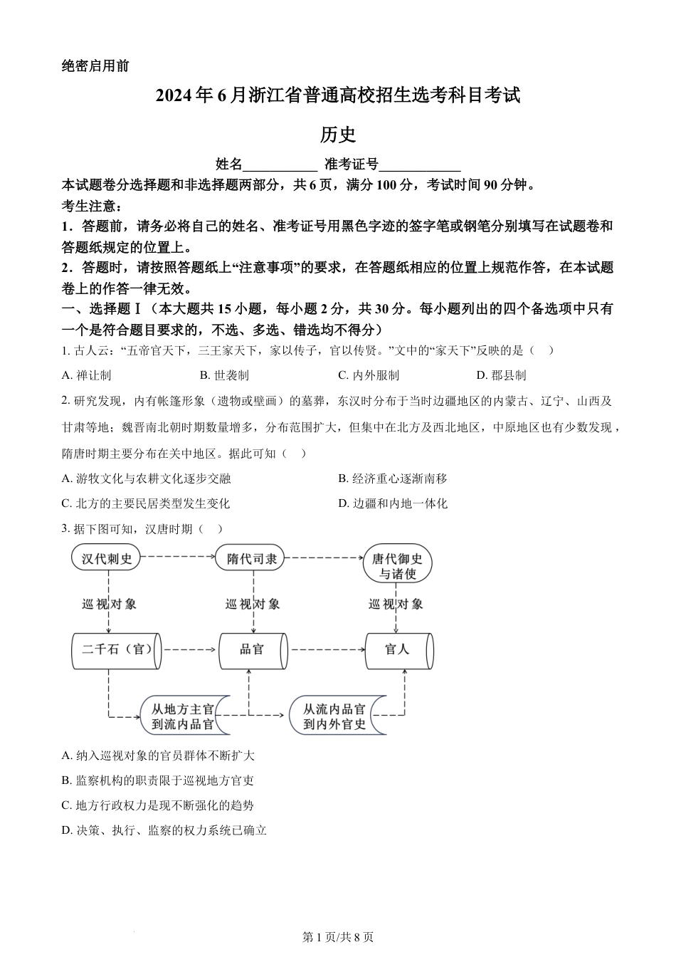 2024年高考历史试卷（浙江）（6月）（空白卷）.docx_第1页