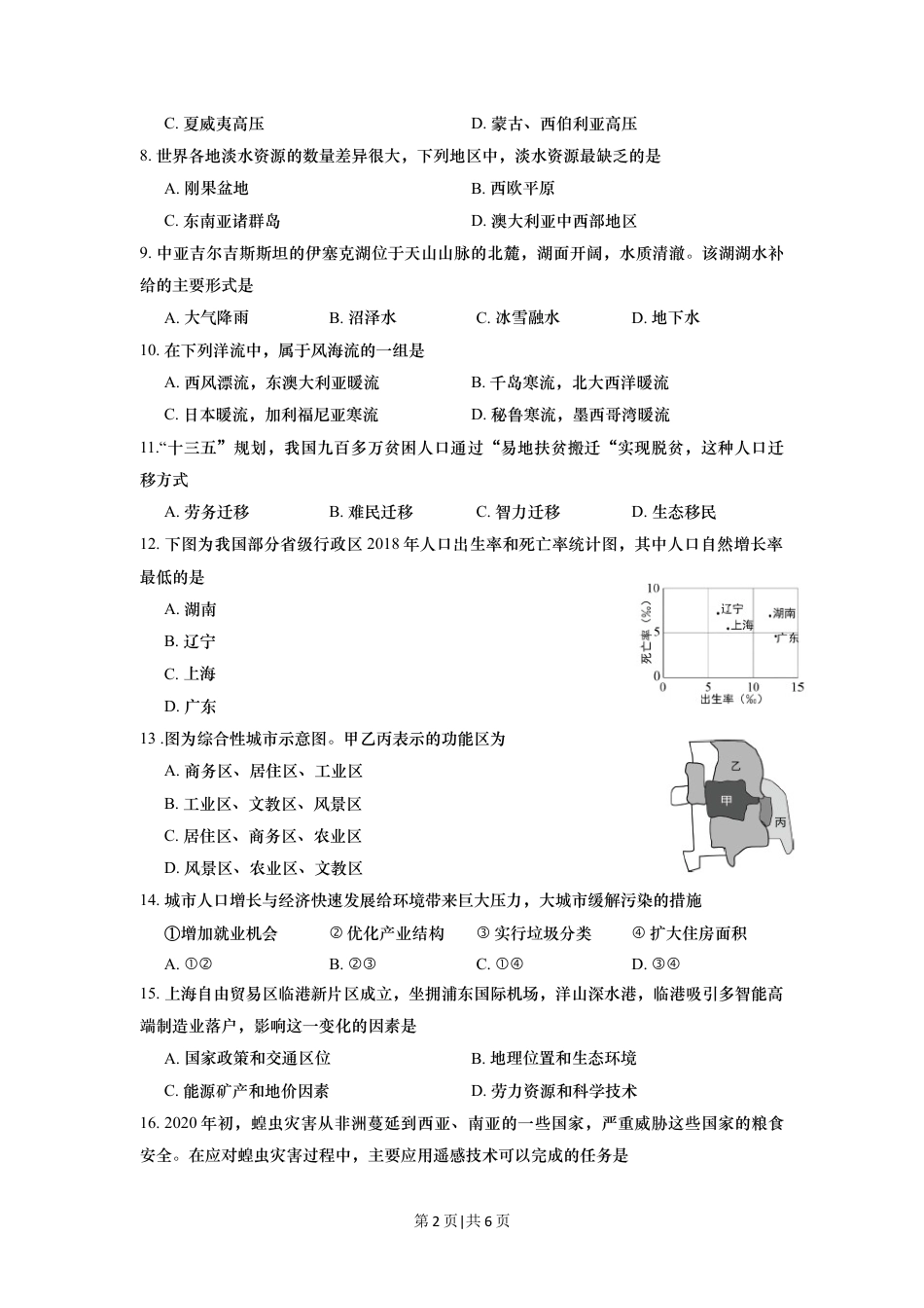 2020年高考地理试题（上海）（空白卷）.docx_第2页