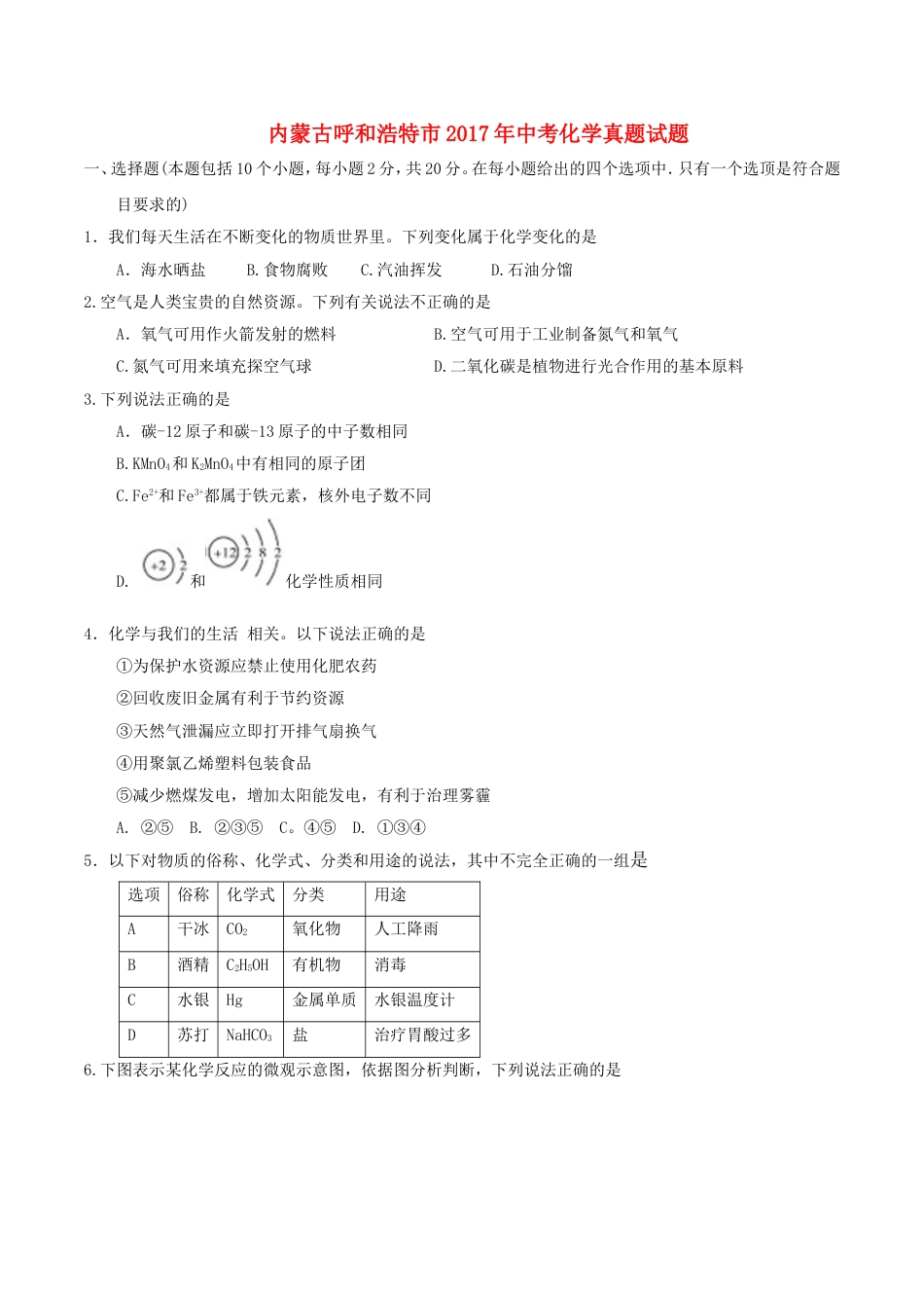 内蒙古呼和浩特市2017年中考化学真题试题（含答案）kaoda.com.DOC_第1页