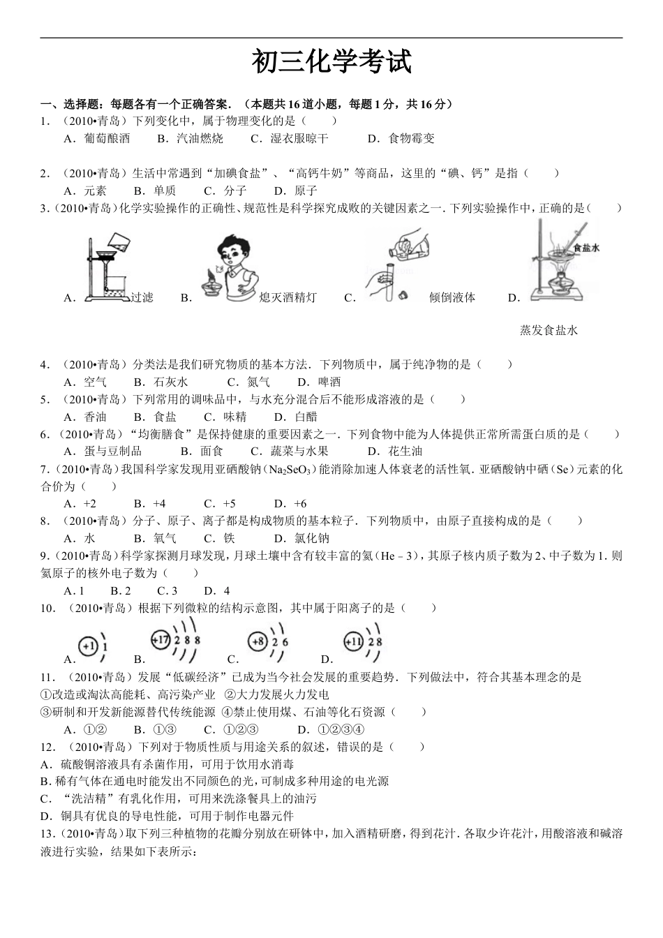 2010年山东省青岛市中考化学试题及答案kaoda.com.doc_第1页