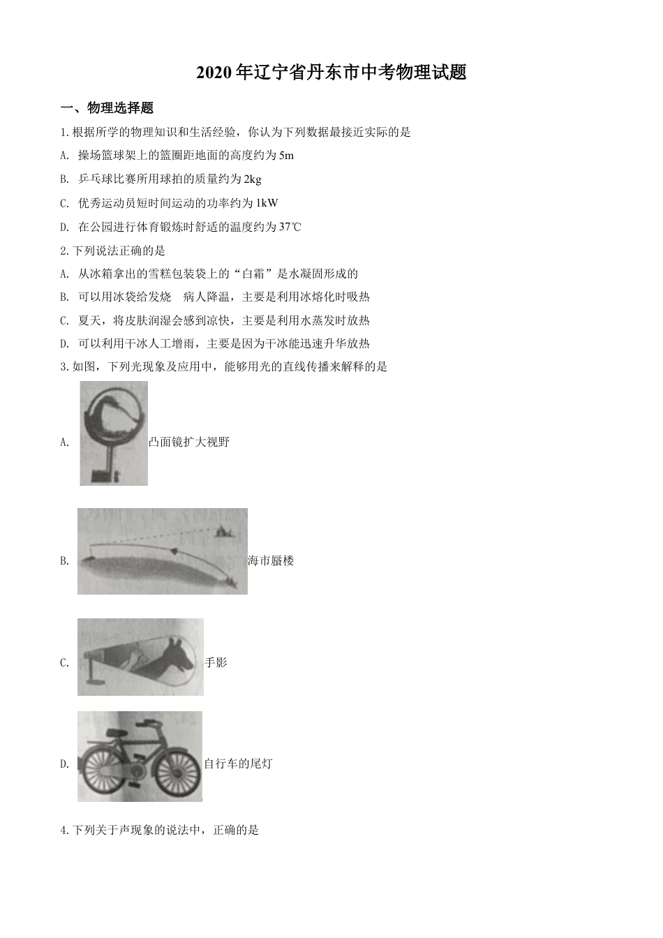 kaoda.com：2020年辽宁省丹东市中考物理试题（原卷版）kaoda.com.doc_第1页