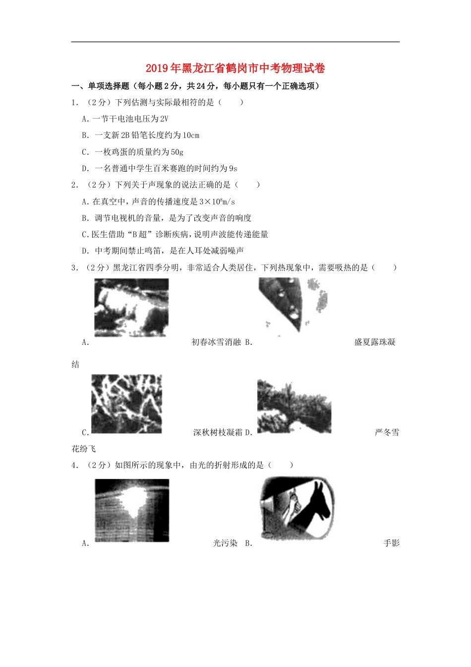 黑龙江省鹤岗市2019年中考物理真题试题（含解析）kaoda.com.doc_第1页