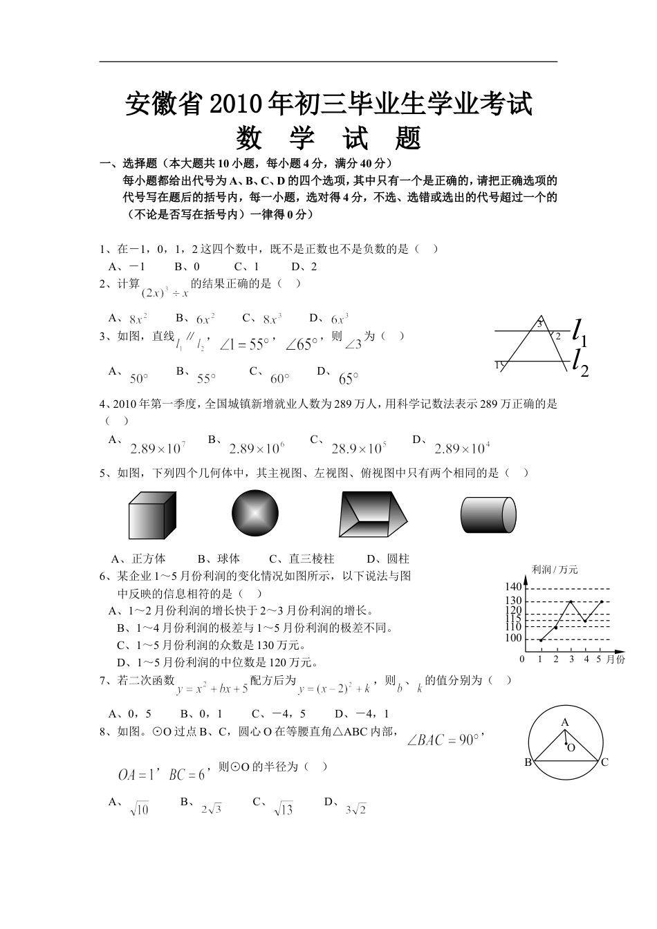 2010年安徽中考数学试题及答案kaoda.com.doc_第1页