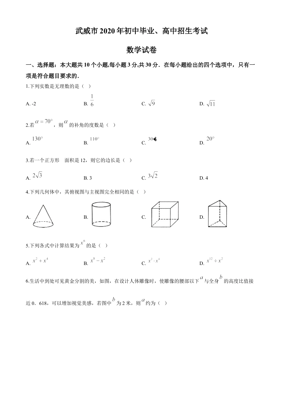 kaoda.com：甘肃省武威市2020年中考数学试题（原卷版）kaoda.com.doc_第1页