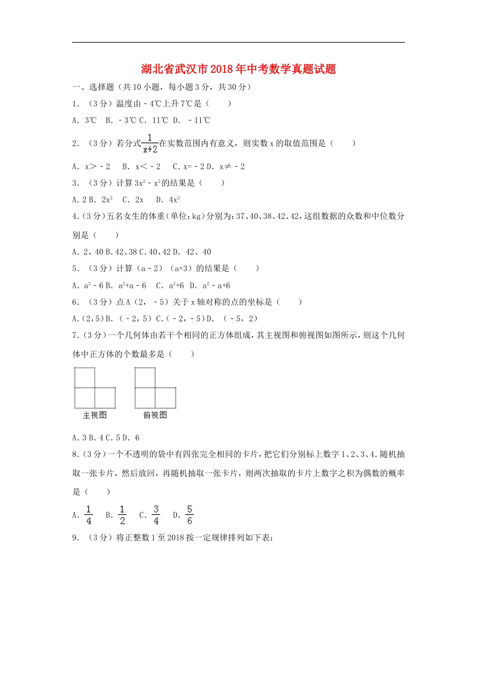 湖北省武汉市2018年中考数学真题试题（含解析）kaoda.com.doc_第1页