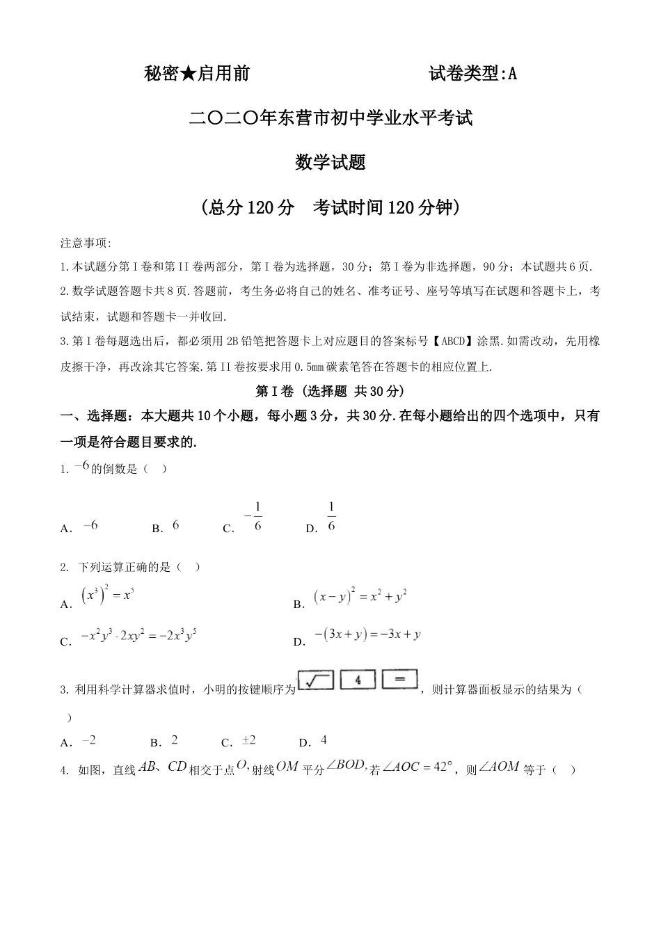 山东省东营市2020年中考数学试题kaoda.com.docx_第1页