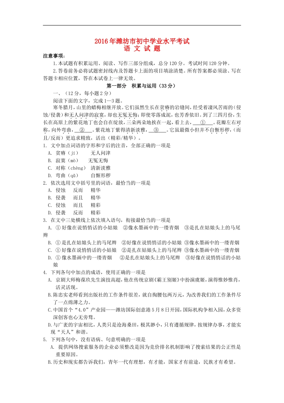 山东省潍坊市2016年中考语文真题试题（含答案）kaoda.com.doc_第1页