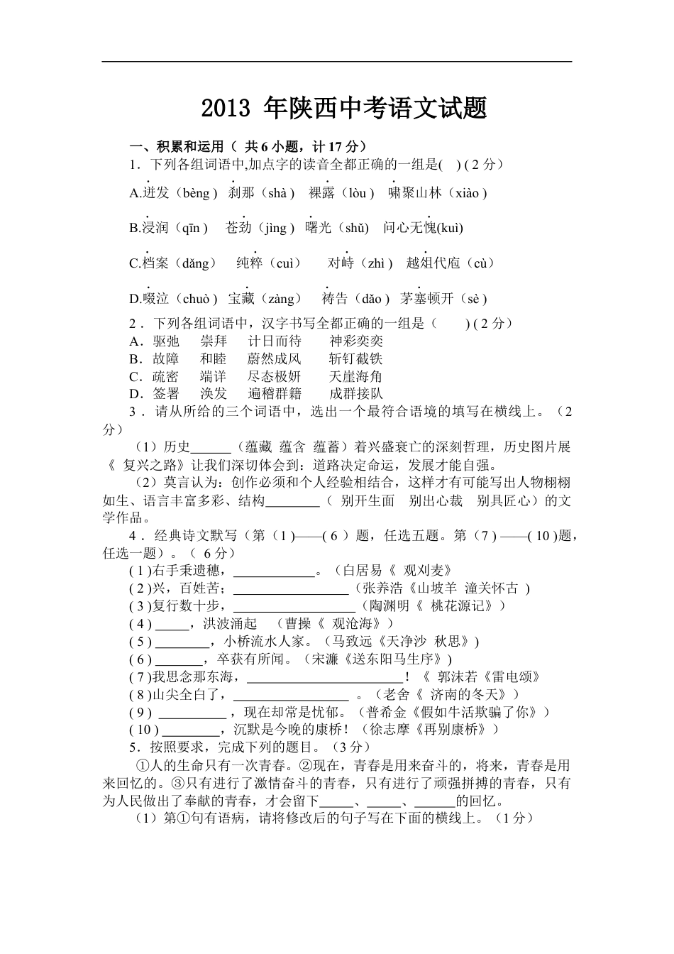 2013年陕西省中考语文试题及答案kaoda.com.docx_第1页