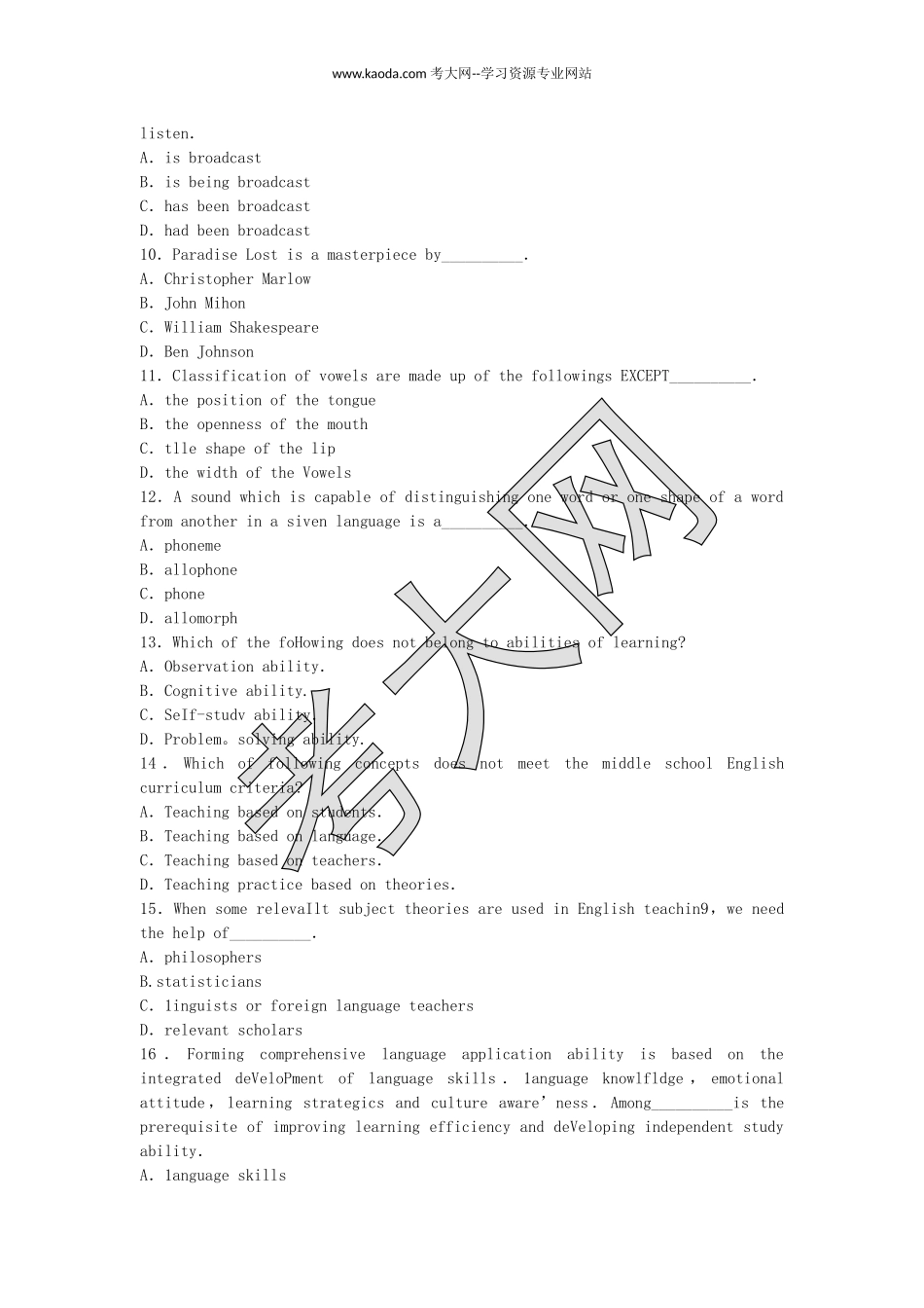 考大网_2014下半年山东教师资格初中英语学科知识与教学能力真题及答案kaoda.com.doc_第2页