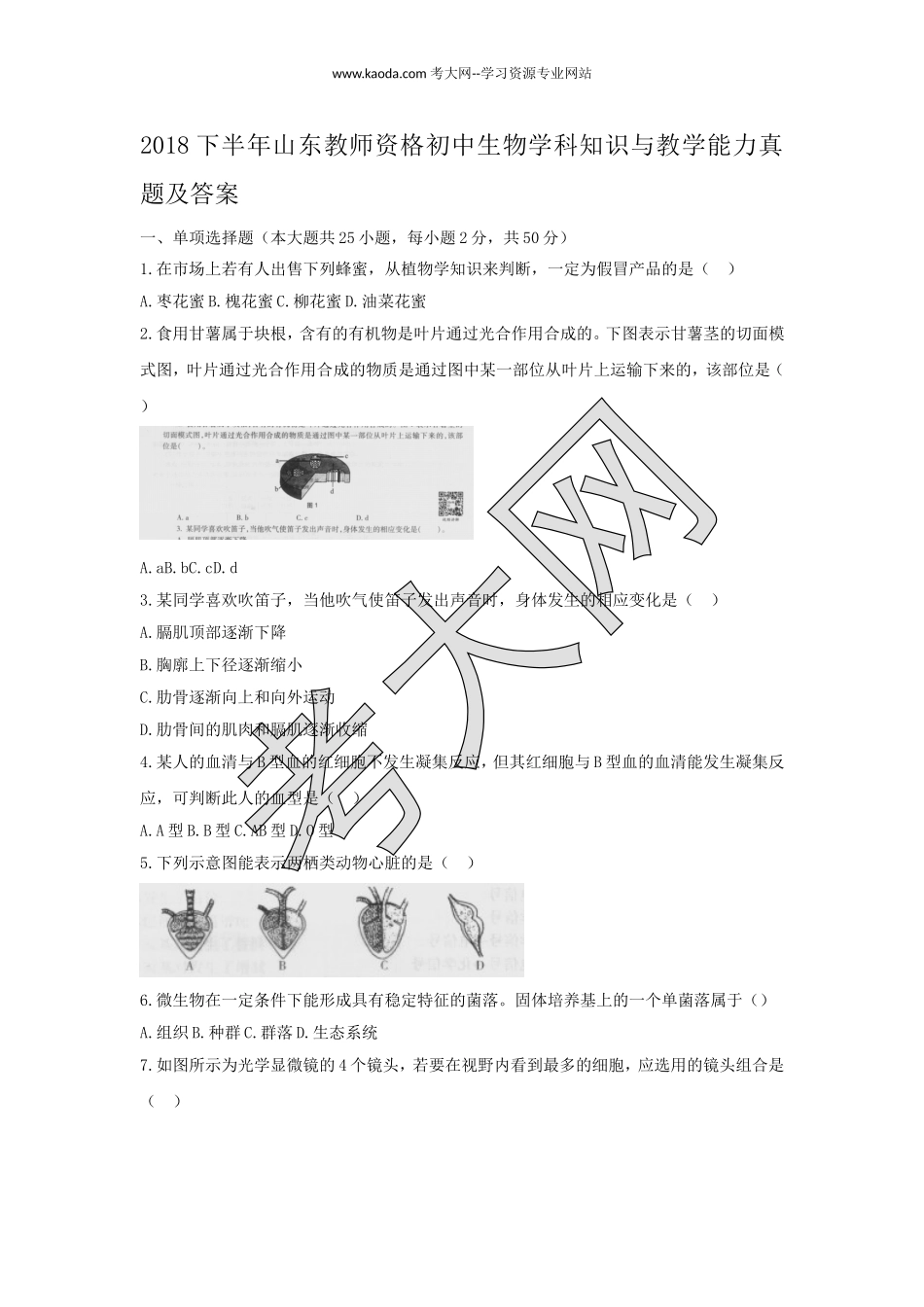 考大网_2018下半年山东教师资格初中生物学科知识与教学能力真题及答案kaoda.com.doc_第1页