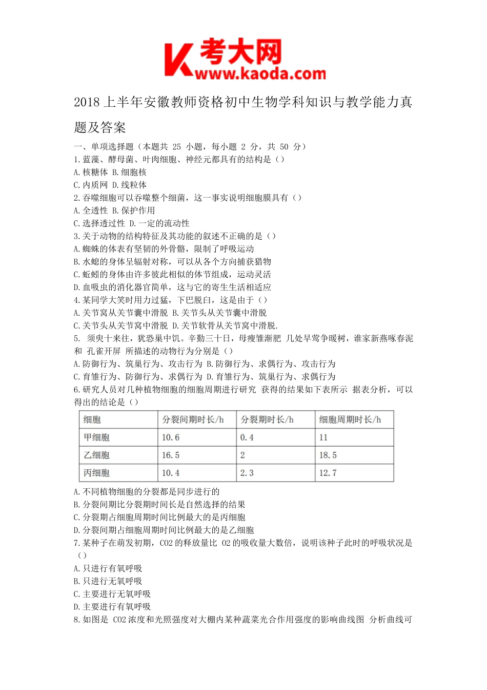 考大网_2018上半年安徽教师资格初中生物学科知识与教学能力真题及答案kaoda.com.doc_第1页