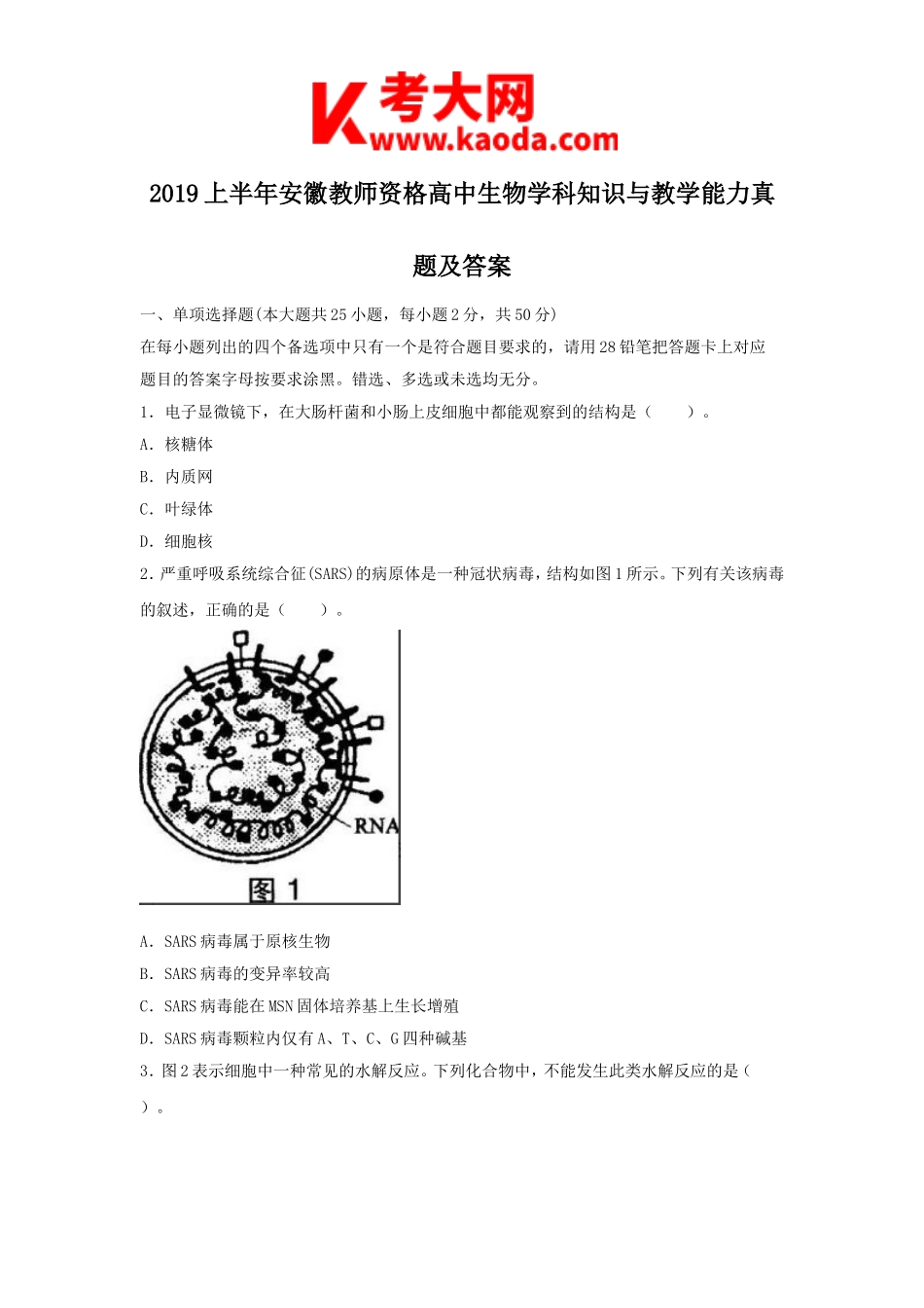 考大网_2019上半年安徽教师资格高中生物学科知识与教学能力真题及答案kaoda.com.doc_第1页