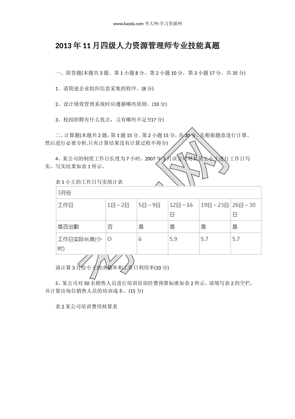 考大网_2013年11月四级人力资源管理师专业技能真题kaoda.com.doc_第1页