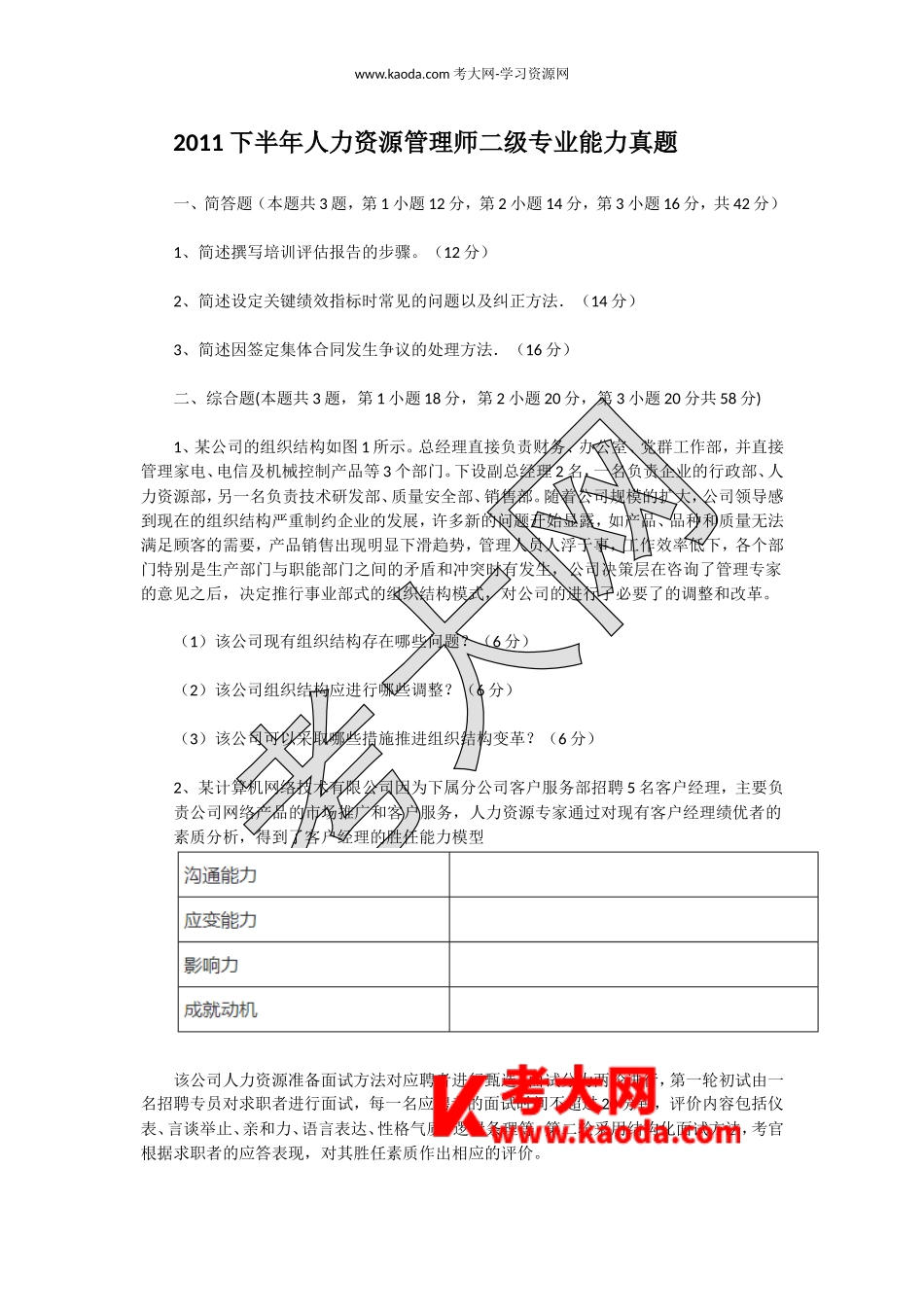 考大网_2011下半年人力资源管理师二级专业能力真题kaoda.com.doc_第1页