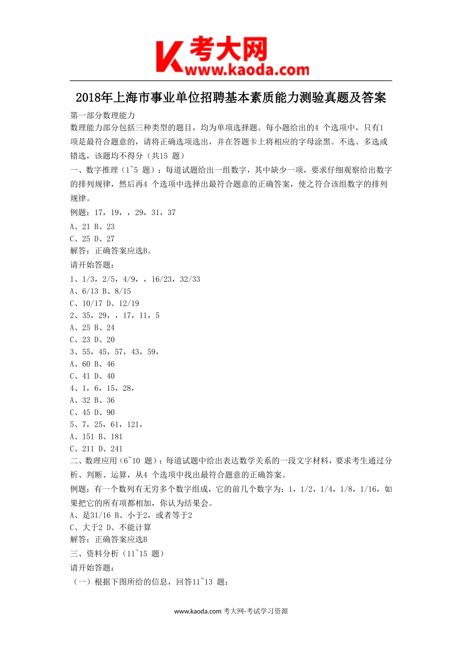 考大网_2018年上海市事业单位招聘基本素质能力测验真题及答案kaoda.com.doc_第1页